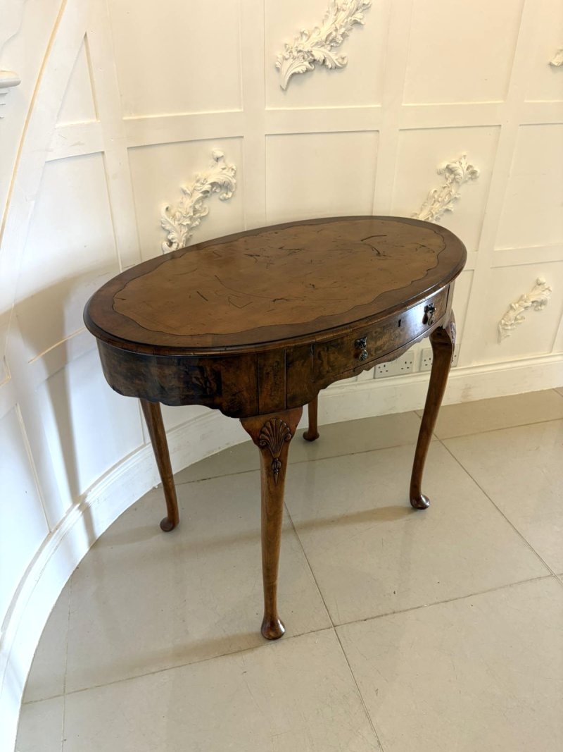 Antique Edwardian Quality Burr Walnut Freestanding Oval Shaped Writing Table - Image 13